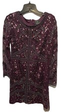 Adrianna Papell Night Plum Beaded Floral Long Sleeve A Line Short Dress 6 NWT