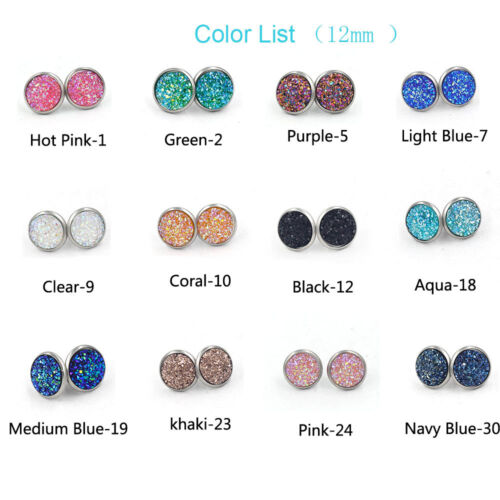 12MM Stainless Steel Iridescent Glitter Small Stud Earrings 12 Colors  - Picture 1 of 24