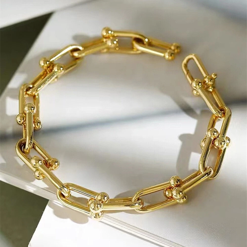 18K Solid Gold Horseshoe Link Chain Bracelet U Shape Charm Hot Jewelry 6.5