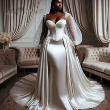 Elegant Satin Puff Sleeves Luxury Wedding Dresses African Bridal Gowns Beads