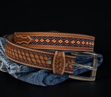 Beaded Western Belt Cowboy Rodeo Full Grain Leather Hand Tooled Removable Buckle