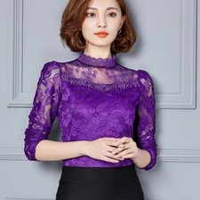 Femme Dentelle Florale Chemisier Fin Haut Décontracté T-Shirt Manches Longues