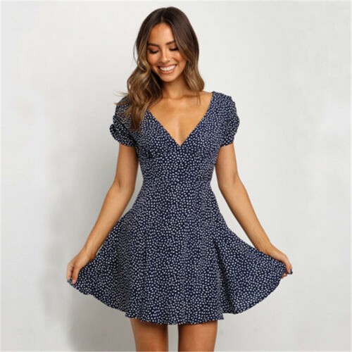 Mini Dress Holiday Ladies Short Sleeve V Neck Sundress Summer Polka Dot  Women | eBay
