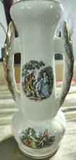 Vtg Abingdon Vase Gold Leaf Handles & Victorian Artwork Home Decor 9.5"x 4" 898S