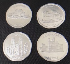 X 4 NATIONAL TRANSPORT TOKENS 50P CAERNARFON YORK CONWY EDINBURGH CASTLES