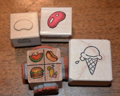 Rubber Mounted Stamps LOT (4) BBQ Picnic Candy Ice Cream Hamburger Hot Dog Fruit