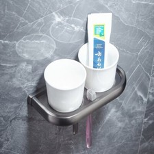 Gun Grey Brass Wall Mounted Bathroom Double Cups Tumbler Toothbrush Holder