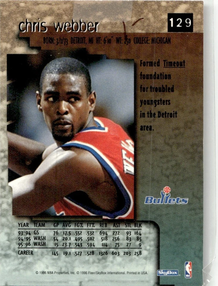 1996-97 SkyBox Premium Chris Webber Washington Bullets #129 - Image 2 of 2