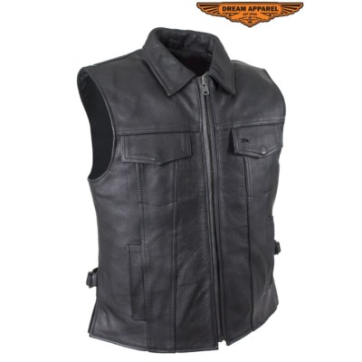 Men Motorcycle Club Leather Vest With Fold Collar Hidden Snap