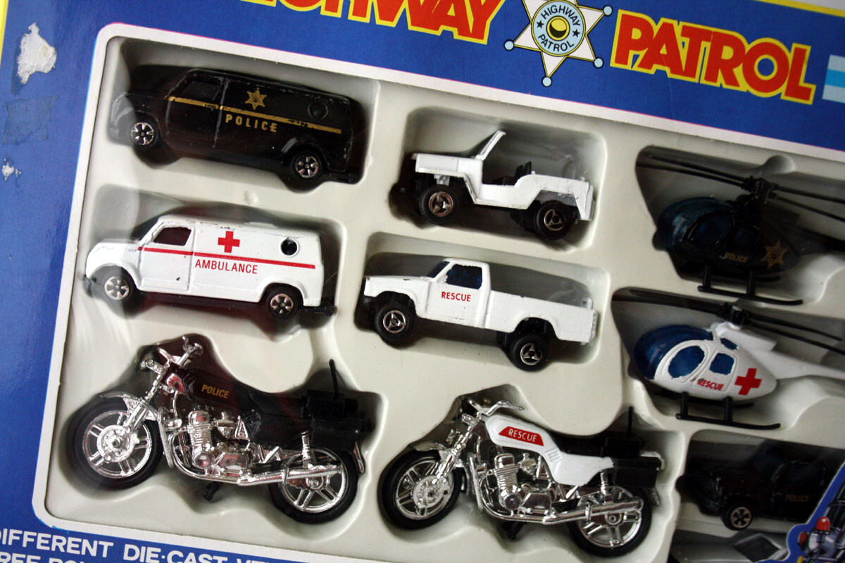 Vintage 90's Highway Patrol Die Cast Police Playset Van Motorbike