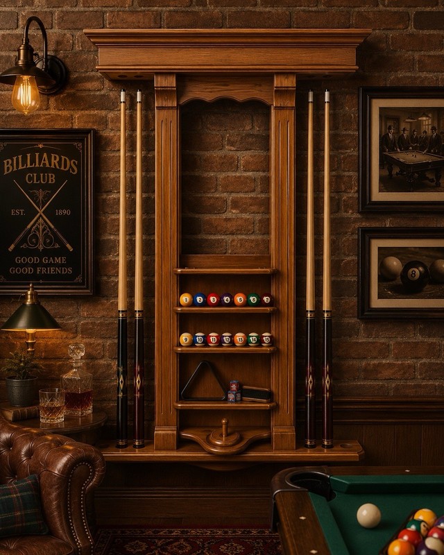 “The Abbey” Vintage Wall Mount Pool Cue Rack Ball Holder Billiard Game Room