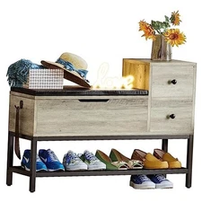  Entryway Bench, Shoe Storage Bench with Flip Top Box and 2 Drawers, Greige