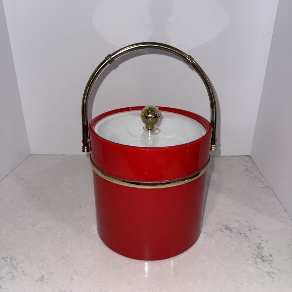 Vintage Cherry RED Ice Bucket Lucite Handle Retro Barware Taiwan 7”