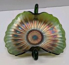 Vintage Fenton Stippled Rays Green Carnival Glass Bon Bon Dish With Handles