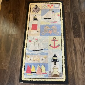 Claire Murray Wool Rug Nautical Nantucket Rainbow Boats Fleet 2001 24x52 VTG