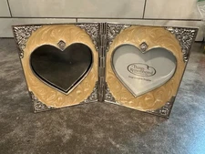 THINGS REMEMBERED Double Heart Photo Frame Silver Plated Beige Enamel Swirl