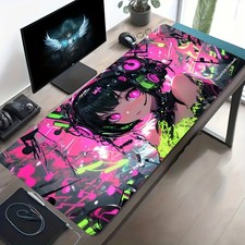 A Large Gaming Mouse Pad Featuring a Neon-Style Headset Girl And Musical Notes
