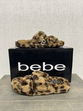 BeBe Fanny Leopard Womens Size 6 Buckle Up Flat Faux Fur Slipper Sandals