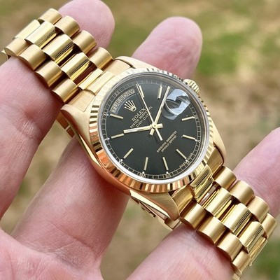 MINTY 1986 Rolex 18038 Day Date 18K President, Black Dial, Box Set, Serviced