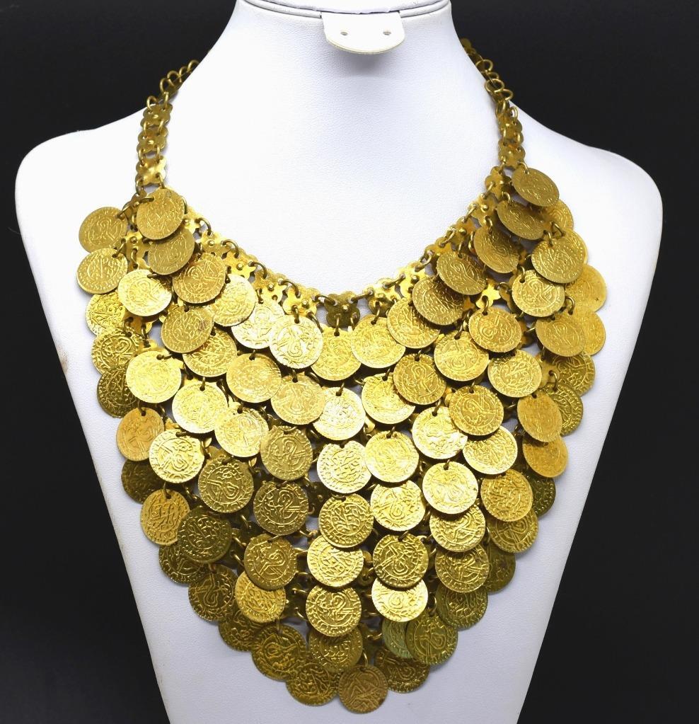 Coin Bib Gypsy Cleopatra Saudi Arabian Riyal Draping Dangle Gold Tone  Necklace