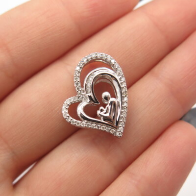 925 Sterling Silber SONNE echter weißer Diamant Mama & Baby offenes Herz Plättchen Anhänger