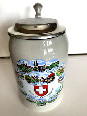 Domex Oktoberfest German Stoneware Beer Stein with Pewter Lid SWISS SCENES MUG