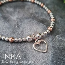 925 Sterling Silver & Rose Gold bead Stacking Bracelet with a Heart charm INKA