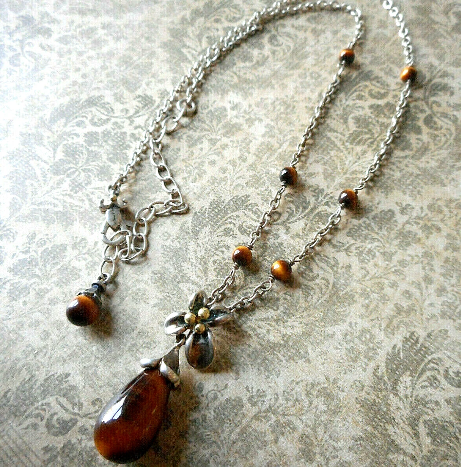 Ann King Sterling Silver 18KT Gold Tiger's Eye Pendant Bead Chain Necklace RE51C - Image 2 of 4