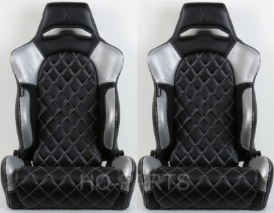 2 X TANAKA BLACK & SILVER PVC LEATHER RACING SEATS DIAMOND STITCH
