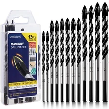 5 Pc or 12 Pc Masonry Drill Bit Set 1/8 to 1/2 inch Glass Tile Brick Cement Wood