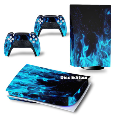 For PS5 Disc Edition Console & 2 Controller Blue Flame Vinyl Wrap Skin Decal 