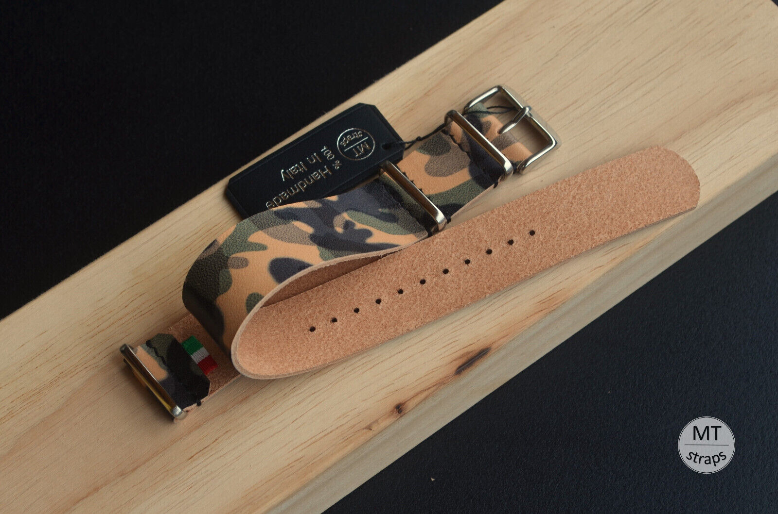 22 mm Correa de piel de vaca camuflaje tipo militar Hecha a mano Italia