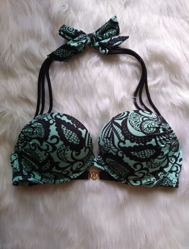 Victoria's Secret Bombshell Bikini Top~32B Adds-2-Cups~Black Tattoo Paisley~Rare image 3