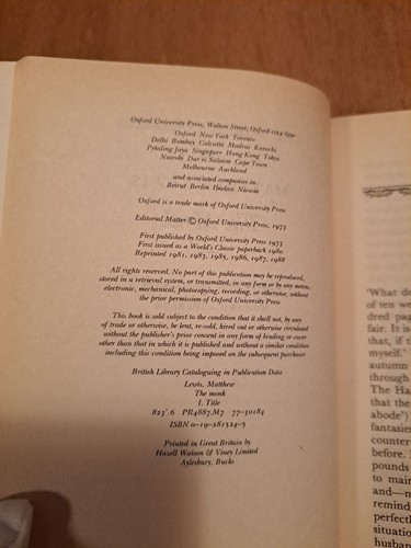 The ^AWorld's Classics Ser.: The Monk by Matthew G. Lewis (1982, Trade... - Picture 4 of 7