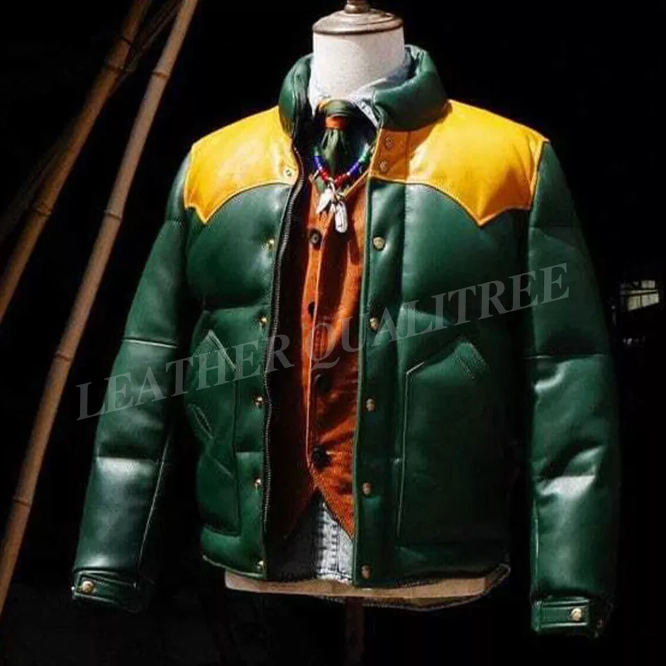 Men's Puffer Jacket Real Lambskin Leather Quilted Bomber Jacket - Dual Color - Image 2 of 4