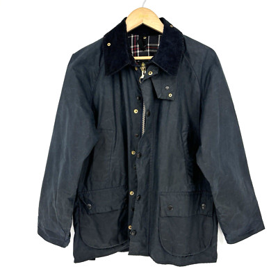 BARBOUR BEDALE WAXED COTTON JACKET Navy Blue Men s Size 38 Navy Plaid Lining
