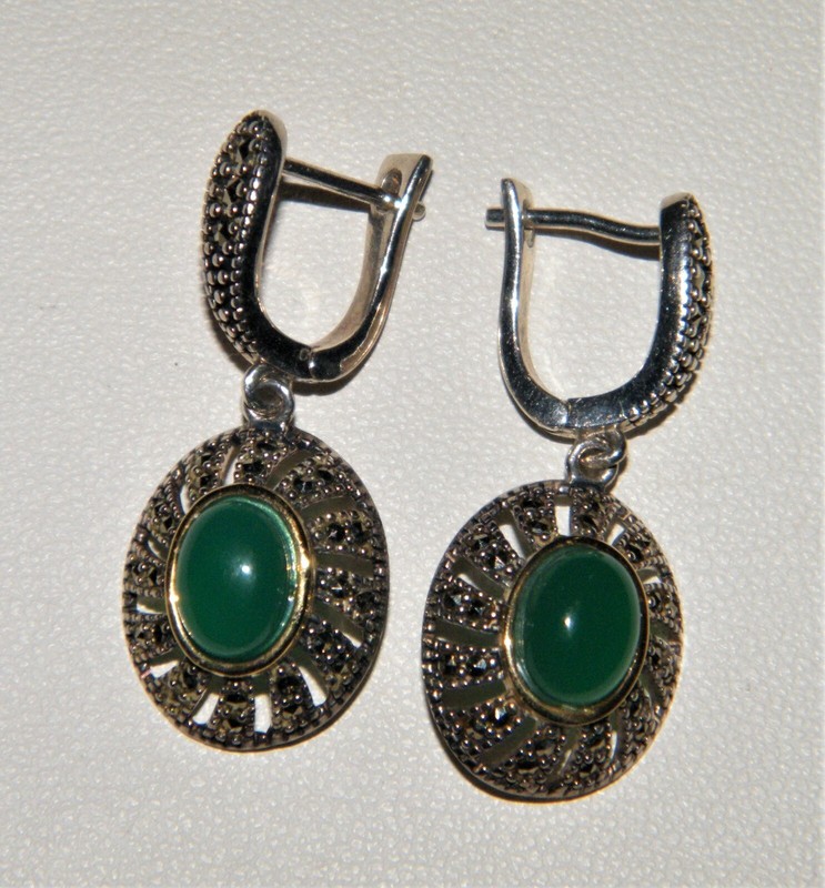 Chapal Zenray NF 925 14K GOLD STERLING SILVER EARRINGS Green Stones~Marcasites