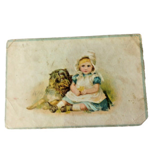 Vtg Cute Baby Girl  w Collie Dog Greeting Trading Card 1940s Lithograph 