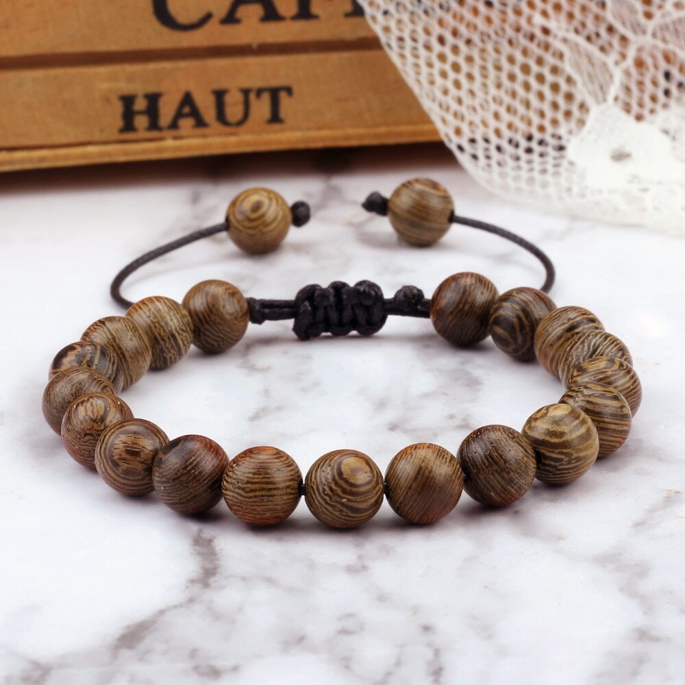 8mm New Natural Wood Braided Bracelets Men Adjustable Meditation Stone  Bracelets