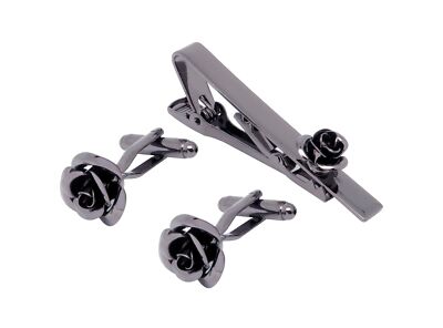 Rose Flower Cufflinks and Tie Pin Set Regular Necktie Tie Clip Tie Bar Men Cu...