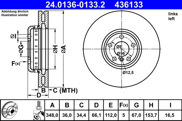 Disque de frein ATE 24.0136-0133.2 compatible avec essieu avant BMW