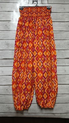 SRISHTI Orange Boho Geometric Print Smocked Waist Harem Pants Women s L Jogger 