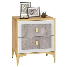 Nightstand with Storage Faux Marble Surface Accent Table w/ 2 Pull-out Drawers