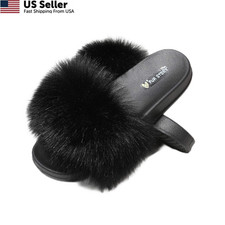 Women's Furry Slides Faux Fur Fuzzy Slippers Fluffy Sandals 8, Black