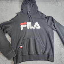 Fila Hoodie Mens XL Black Pullover Fleece Big Logo Graphic Kangaroo Sweatshirt
