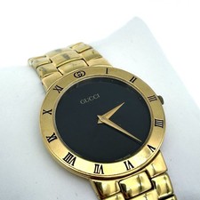 Gucci Men's 3300.2.M Gold Plate Watch Roman Numeral Bezel Black Dial COA
