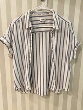 Tommy Jeans Men's White/Blue Striped Short Sleeve Point Collar Button-Up L