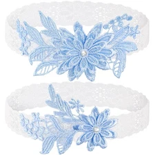 Wedding Garter Set 2 Pieces Lace Leg Belt with Faux Pearls Sky Blue