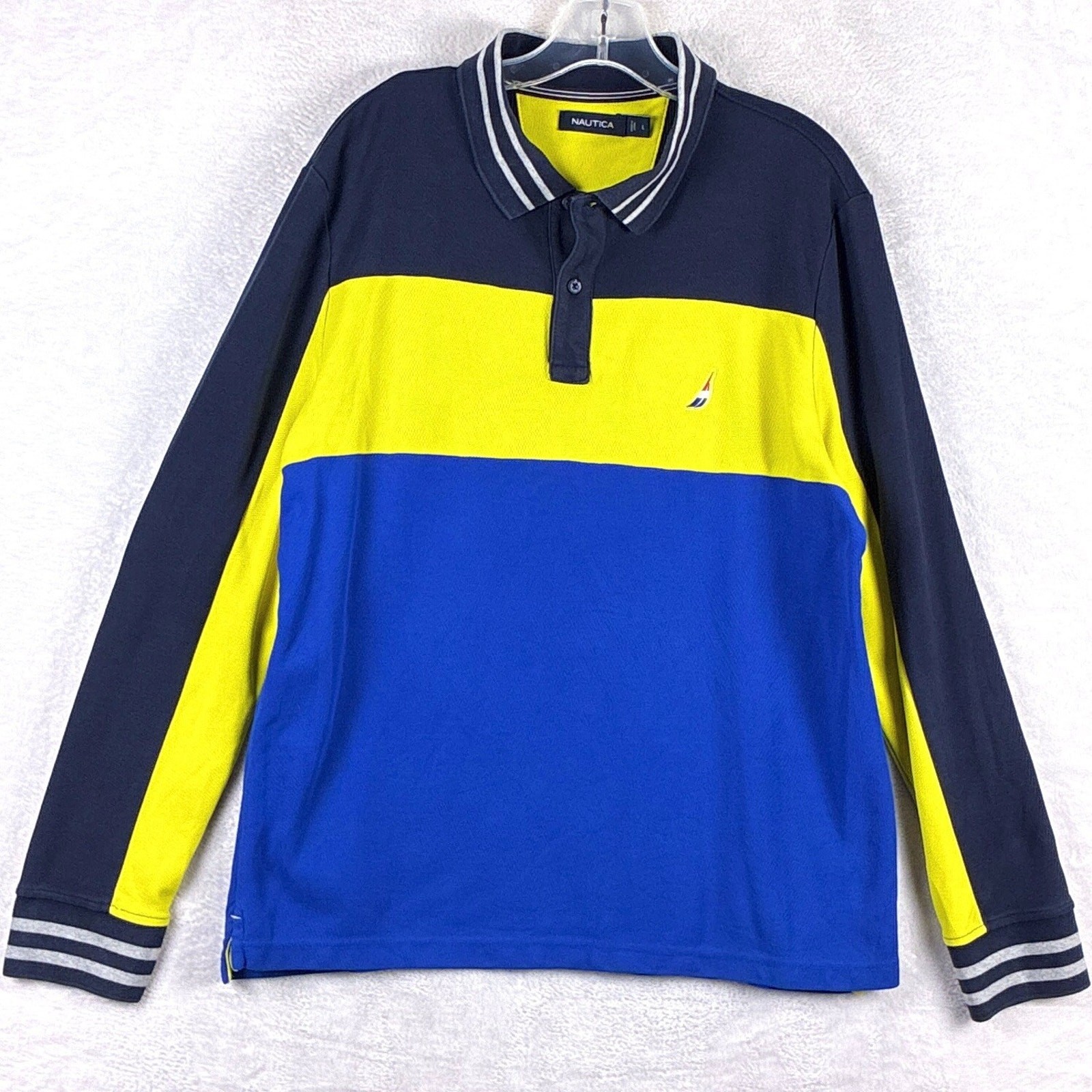 Vintage Nautica Rugby Shirt Mens L Blue Yellow Colorblock Embroidered Yacht Y2K