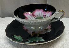 Vintage Pink Floral Footed Tea Cup And Saucer Black Gold Gilt 3”
